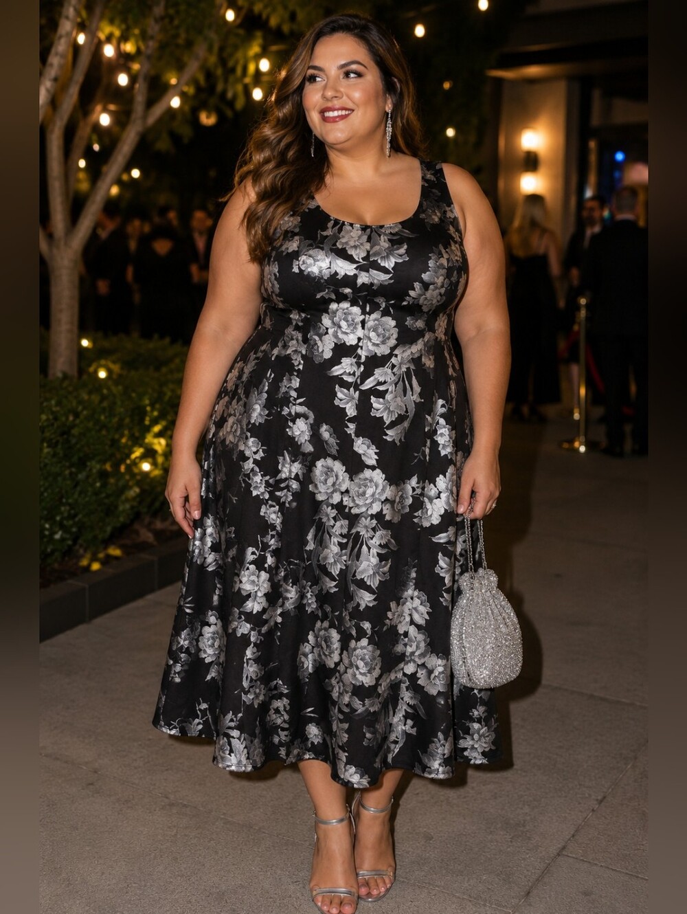 Michel Studio Black and Silver Floral Midi Dress
